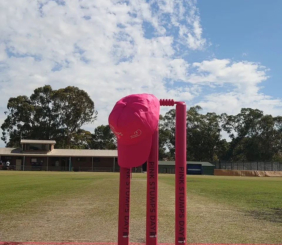 Pink stumps on the wicket at Harley Hammond Reserve
